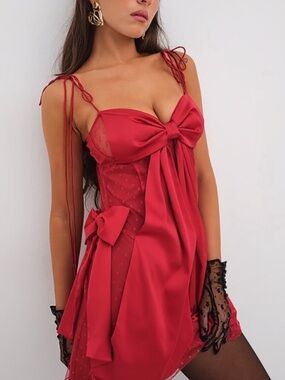 For love and lemons acacia slip dress red satin bows NWT